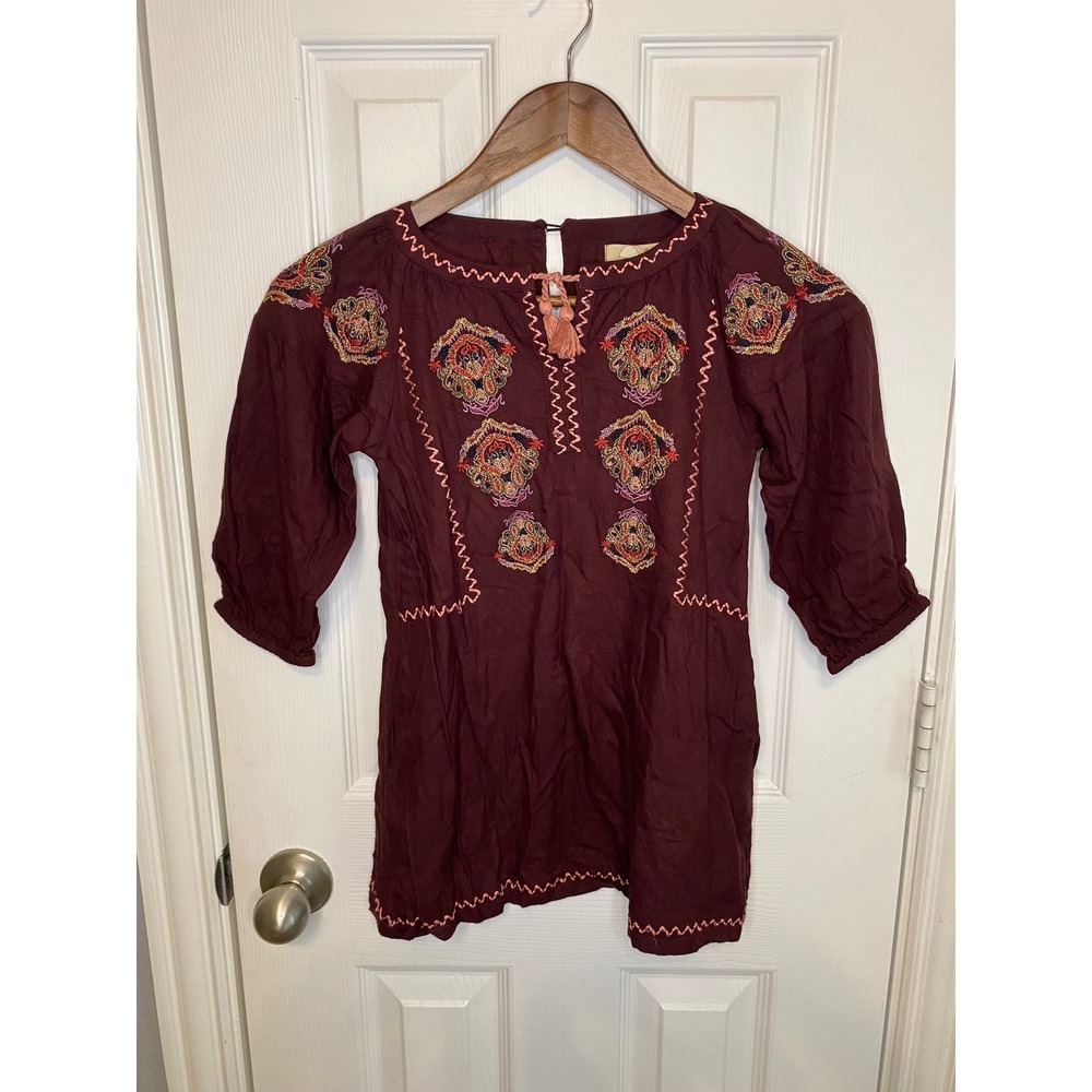 Peek Kids Girls Burgundy Embroidered Peasant Top Tassel Boho Dress Small 6 7